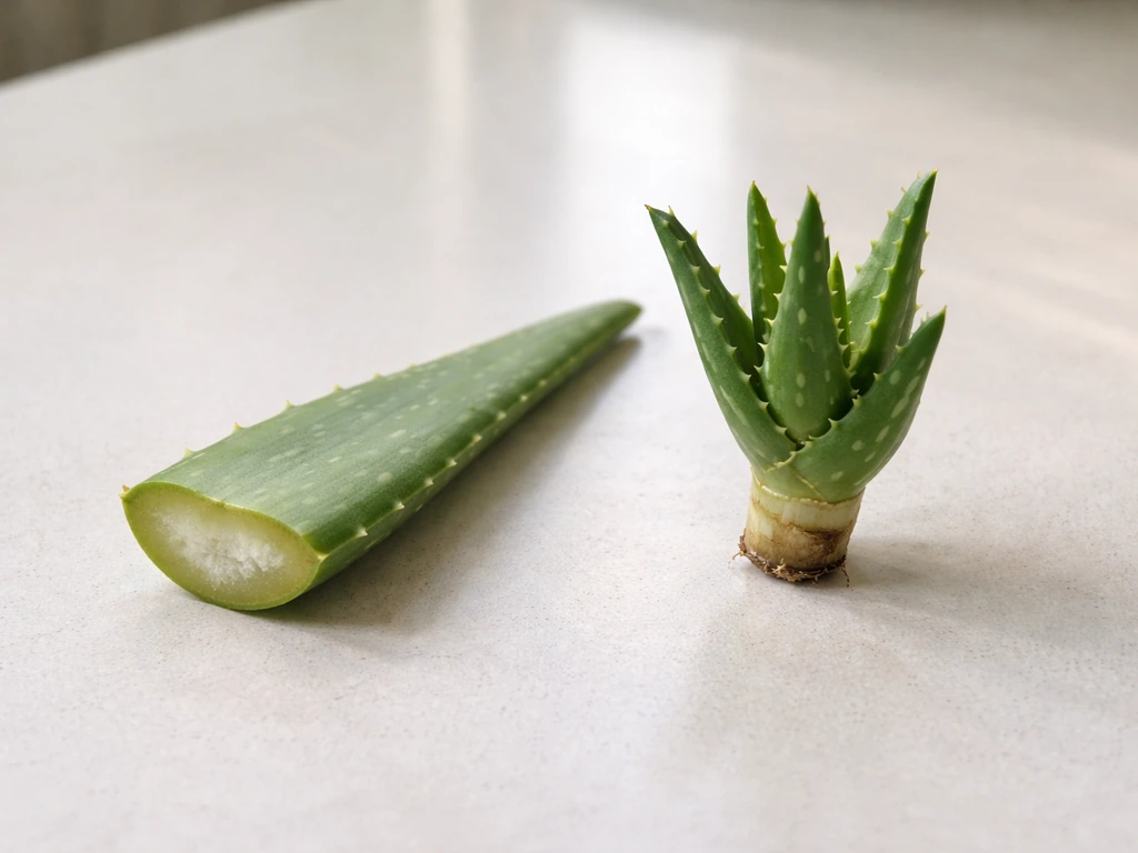 Two aloe starting materials side-by-side: a leaf cutting and a stem offset with a small base stub.
