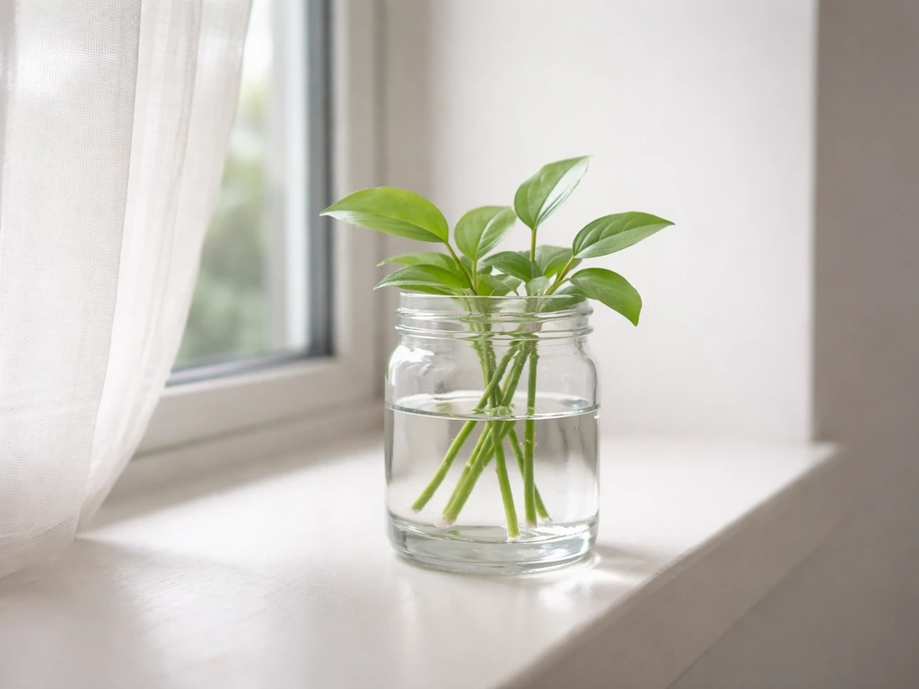 Clear water container with plant cuttings on a windowsill under bright indirect light.