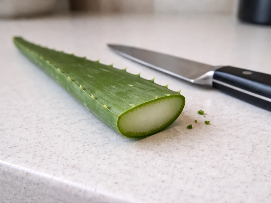 Close-up of trimming a rootless aloe cutting with a clean knife, showing a smooth cut ready for callusing.