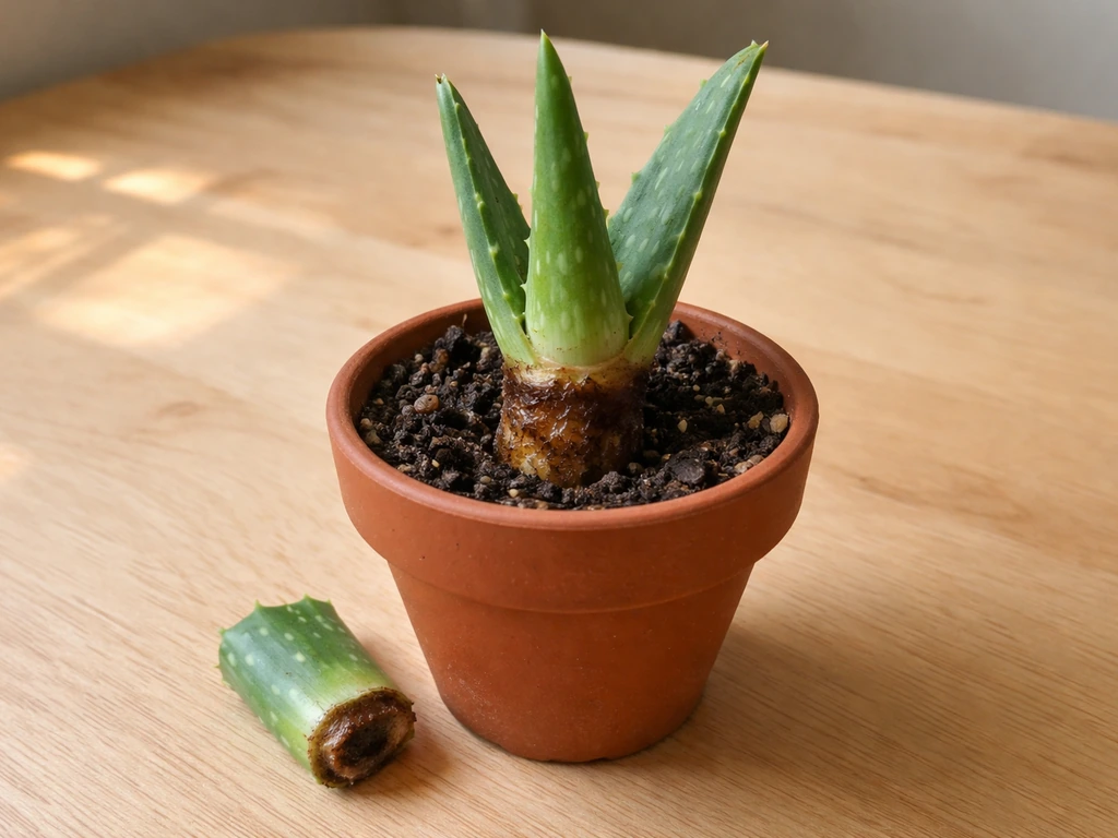 A potted aloe cutting with the base rotting brown and mushy, with a trimmed rotted tip shown nearby.