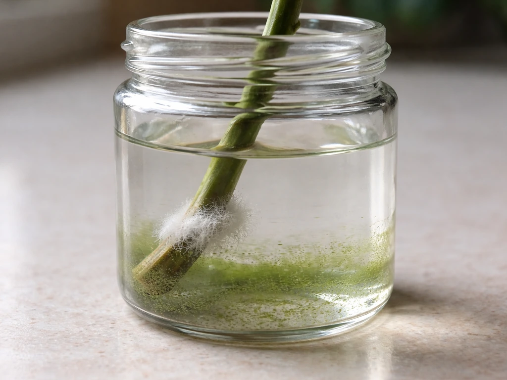 Close-up of a plant cutting base with white fuzzy mold and green algae in the water