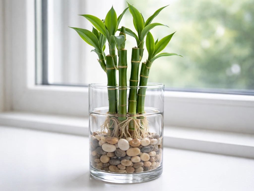 Lucky bamboo with roots in pebbles inside a clear glass container, waterline visible.