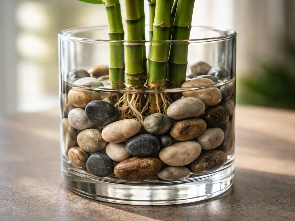 Close-up of smooth pebbles in a container with lucky bamboo, showing correct water level at nodes