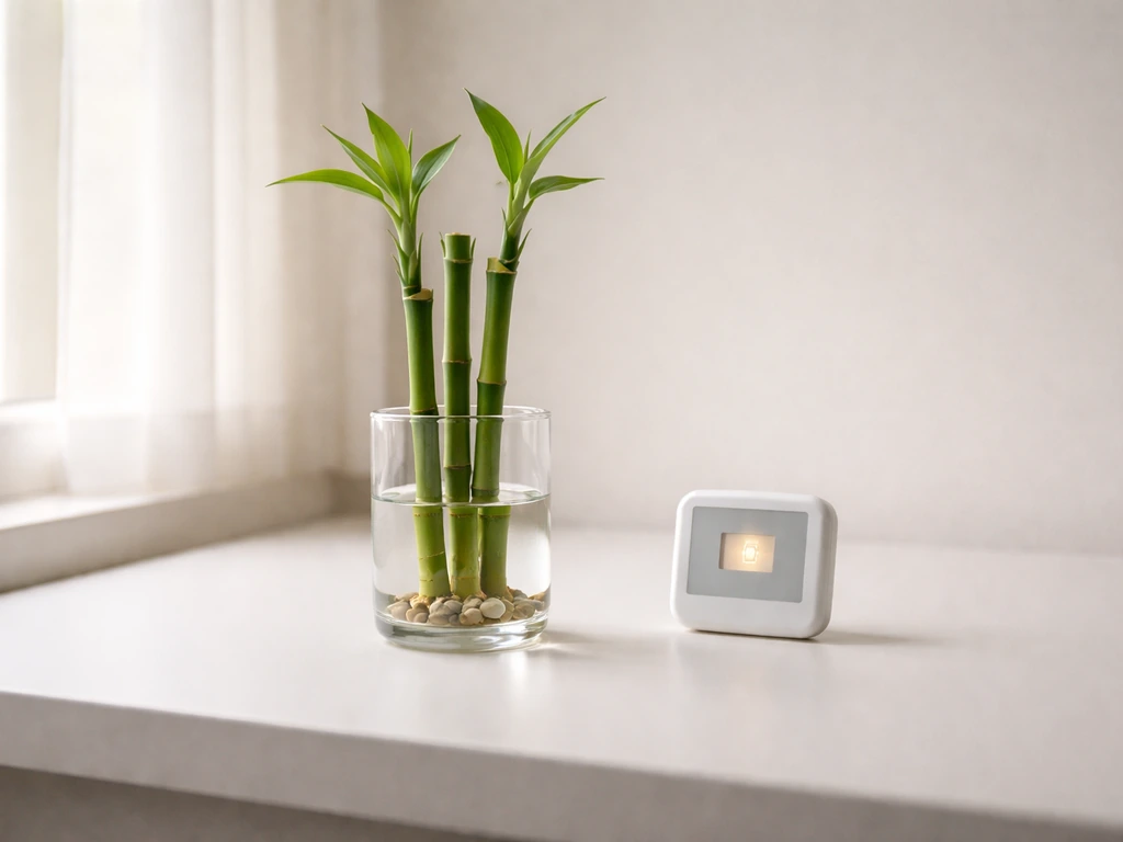 Lucky bamboo in treated water near a window with a thermometer showing a safe temperature range.