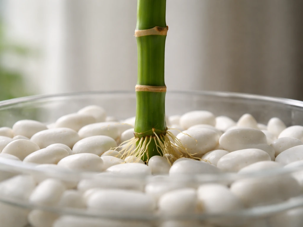 Close-up of a lucky bamboo cane cutting with visible nodes placed into a pebble tray, showing new roots.