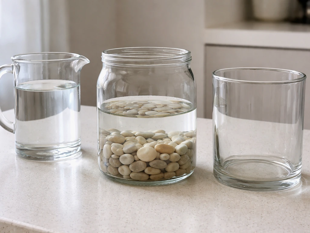 Pebble-filled glass container showing water level, with clean fresh-water and a prepared swap container nearby.