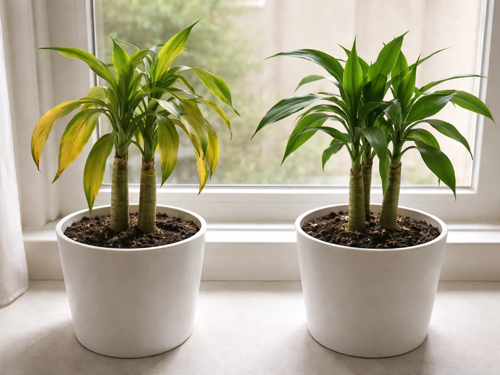 Indoor plant with yellow leaves beside a second pot in bright shade showing healthier, greener growth.