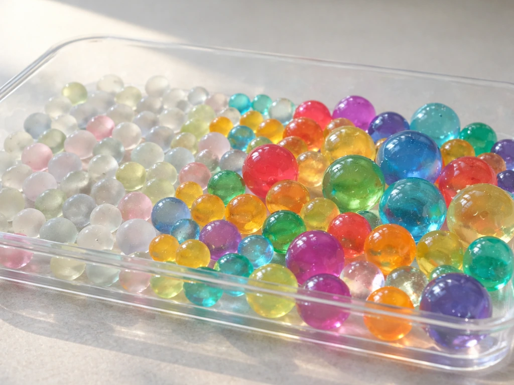 Assorted dry and hydrated polymer water beads in a wide shallow tray, spread in a single layer.