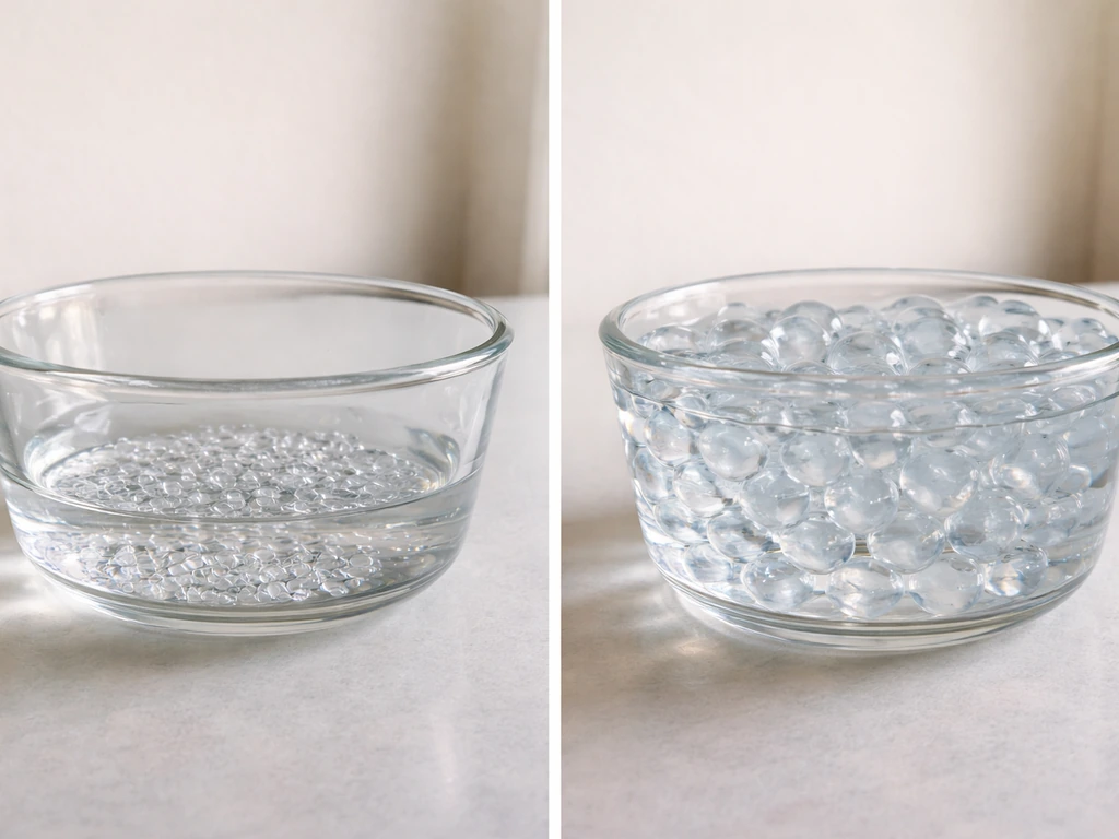 Side-by-side photo of water beads before vs after soaking, showing larger swollen beads and more volume.