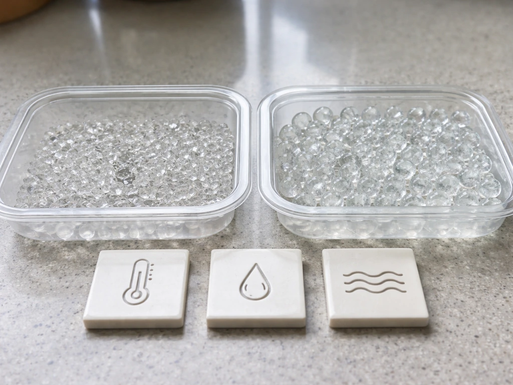 Two bead trays side-by-side: left stuck beads barely swollen, right beads fully expanded with simple icon tiles.