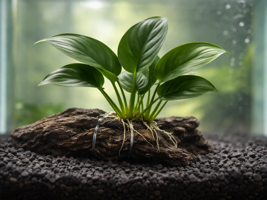 Anubias anchored to rock with rhizome clearly above substrate in a clean aquarium tank