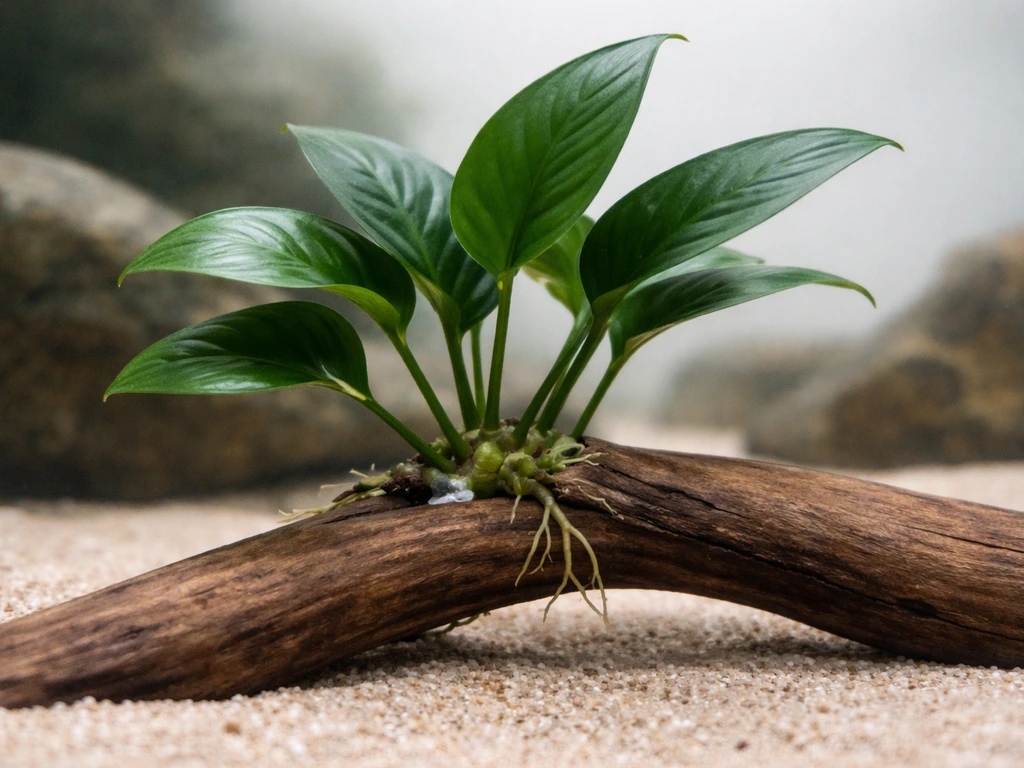 Anubias plant anchored to submerged wood with rhizome above substrate, glue spot visible near roots.