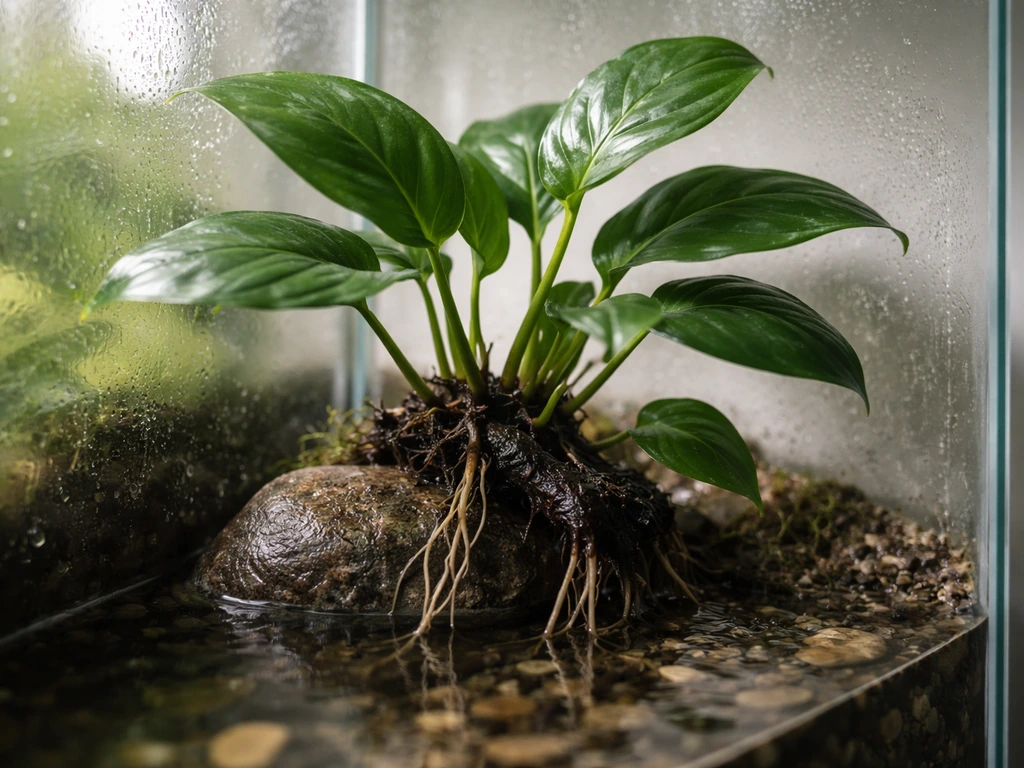 Emersed Anubias in a glass paludarium: exposed rhizome on wet rock, roots in water, leaves above.