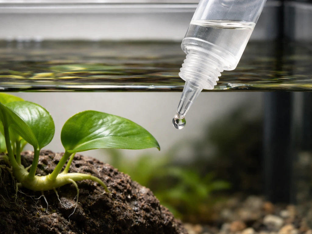 Close-up of aquarium dosing bottle and dropper near water surface, with no CO₂ equipment visible.