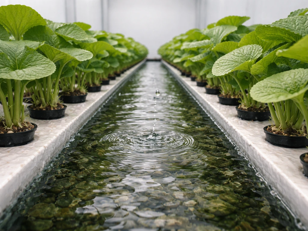 Lush wasabi plants in a shallow hydroponic bed with cool flowing water channels and visible roots