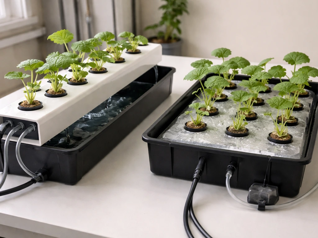 Two minimal hydroponic setups side by side: flowing channel NFT-style and shallow bed with roots in nutrient solution.