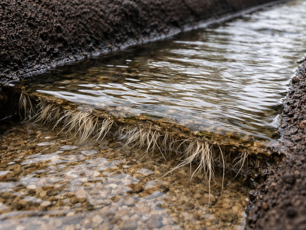 Close-up of a shallow sloped channel with clear water flowing past visible roots in the root zone.