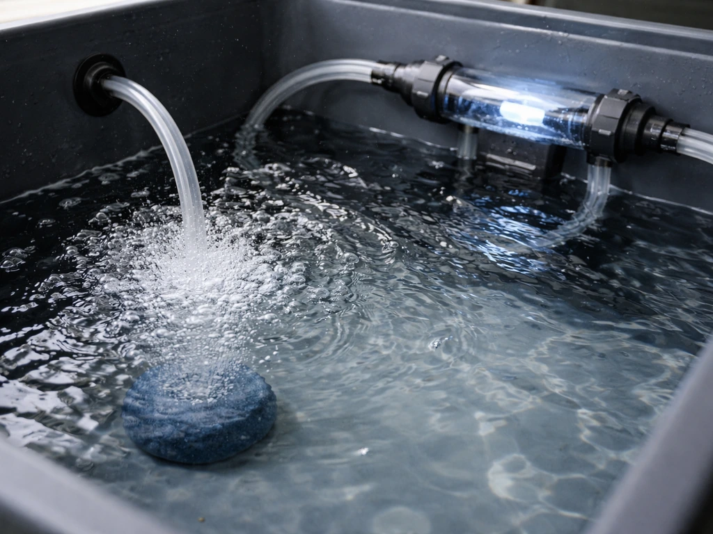 Hydroponic reservoir with active air stone aeration and inline UV filtration hardware running