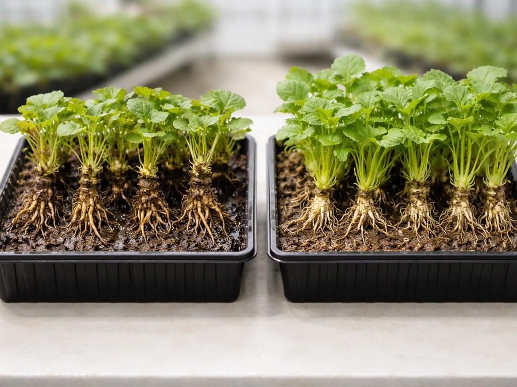 Two side-by-side wasabi trays showing crown/root rot on the left and healthy crowns on the right.