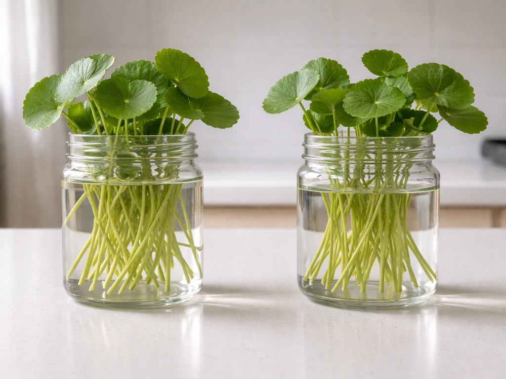 Split-screen photo showing gotu kola cuttings in fully submerged and partially submerged water with clear waterlines.