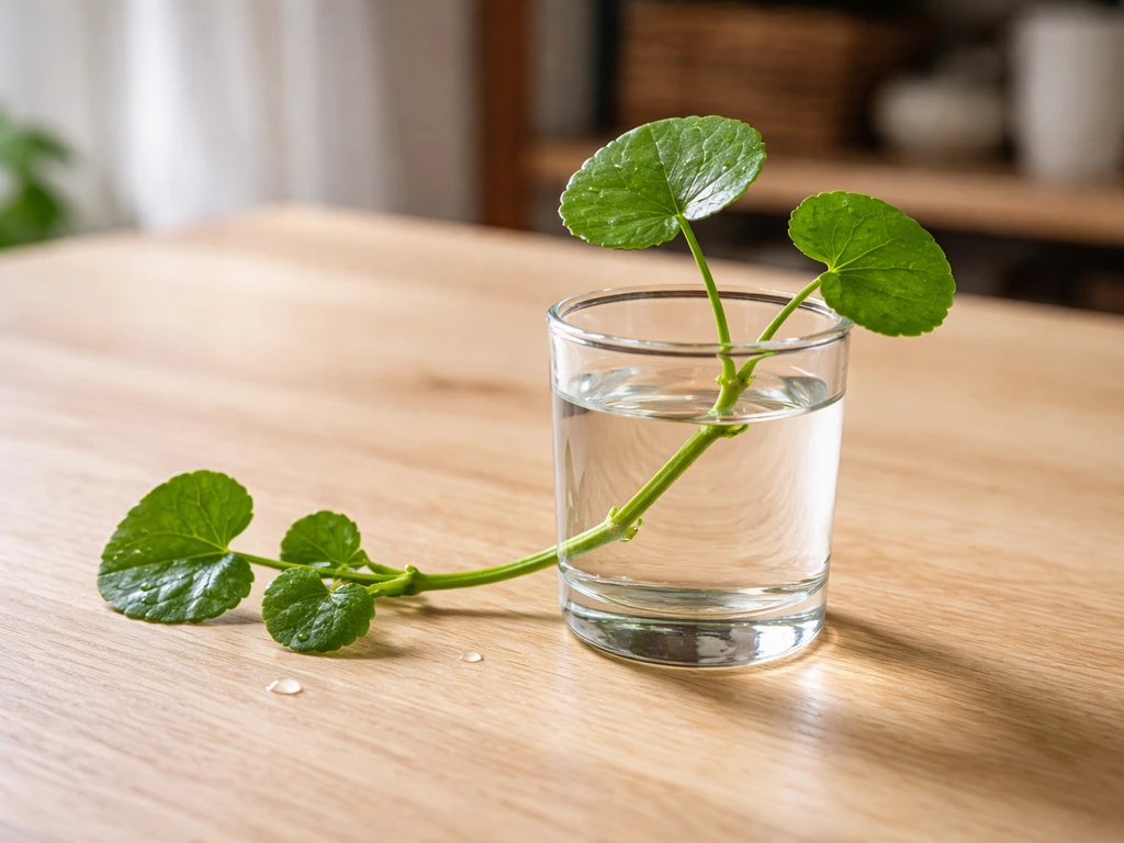 Gotu kola cutting with 2–3 nodes prepared, one node submerged in a small glass of water.