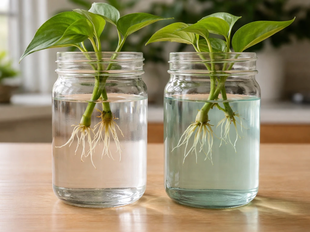 Two plant cuttings in water jars—one with clear plain water, one with clear hydroponic nutrient mix.