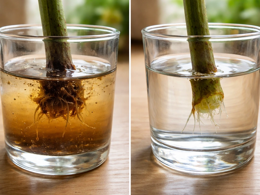 Close-up comparison of slimy brown rot in stagnant water versus a clean healthy cutting base in clear water.