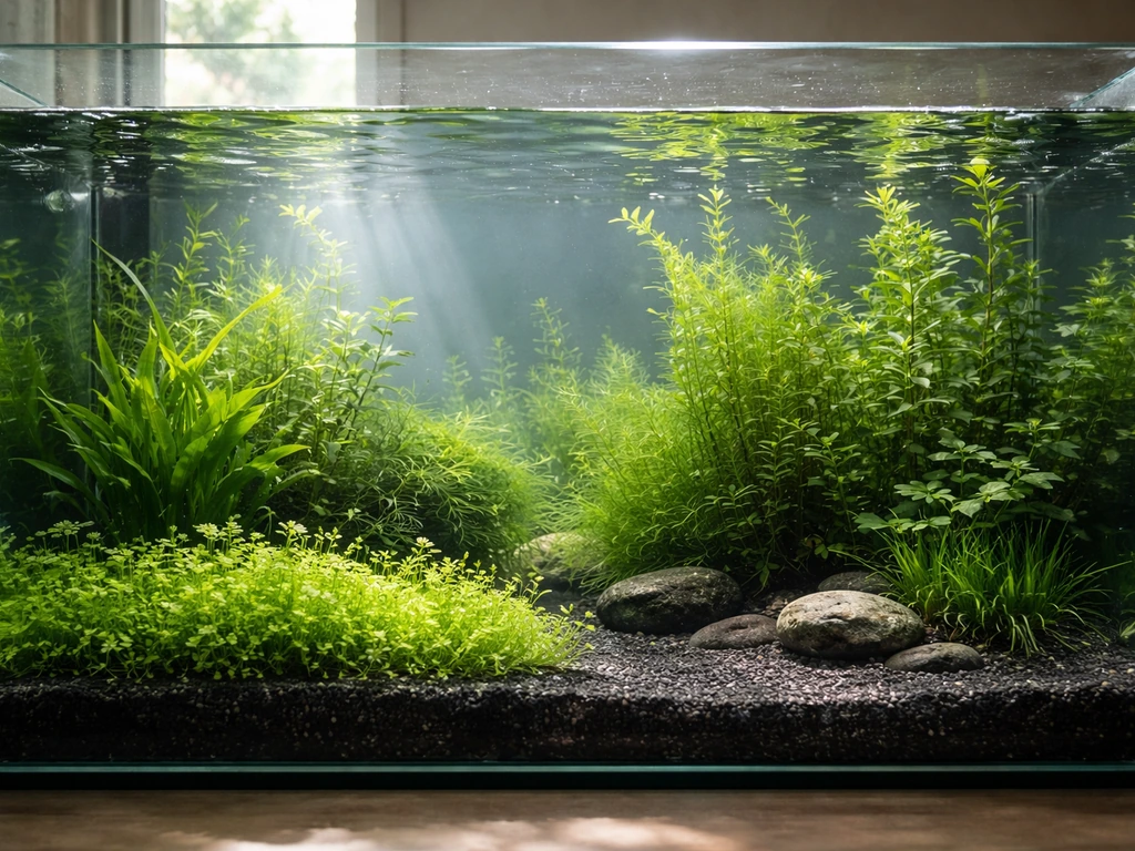 Wide sunlit aquarium tank with lush green aquatic plants in foreground and midground, natural realistic view.
