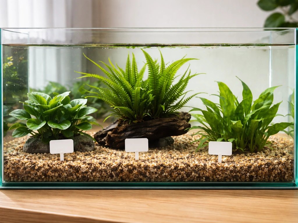Beginner aquatic plants in a simple aquarium setup, showing hardy species and different leaf shapes.