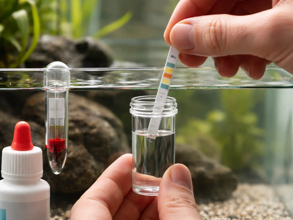 Close-up of hand testing aquarium water with test vial and strip beside an aquarium.