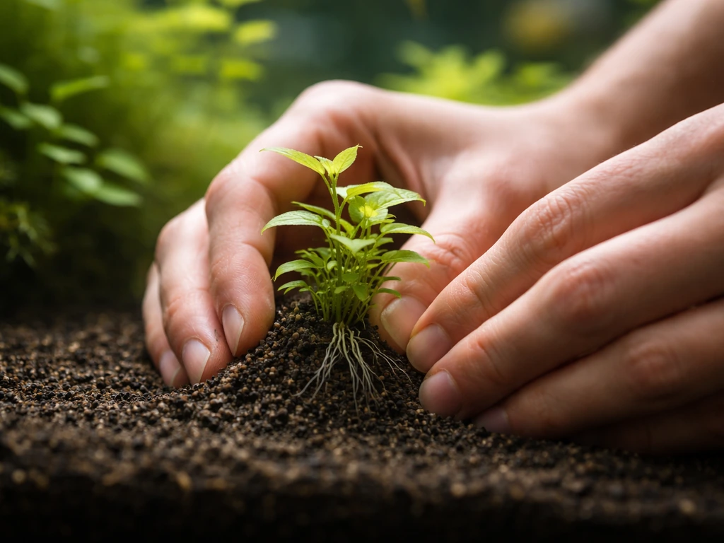 Hands placing a rooted aquatic plant into a planted aquarium, shaping nutrient substrate around the roots