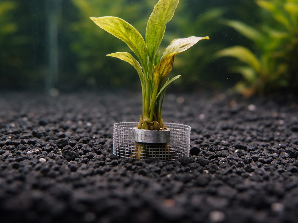 Aquarium tank base with a weighted plant near gravel, mesh guard visible to protect roots from fish