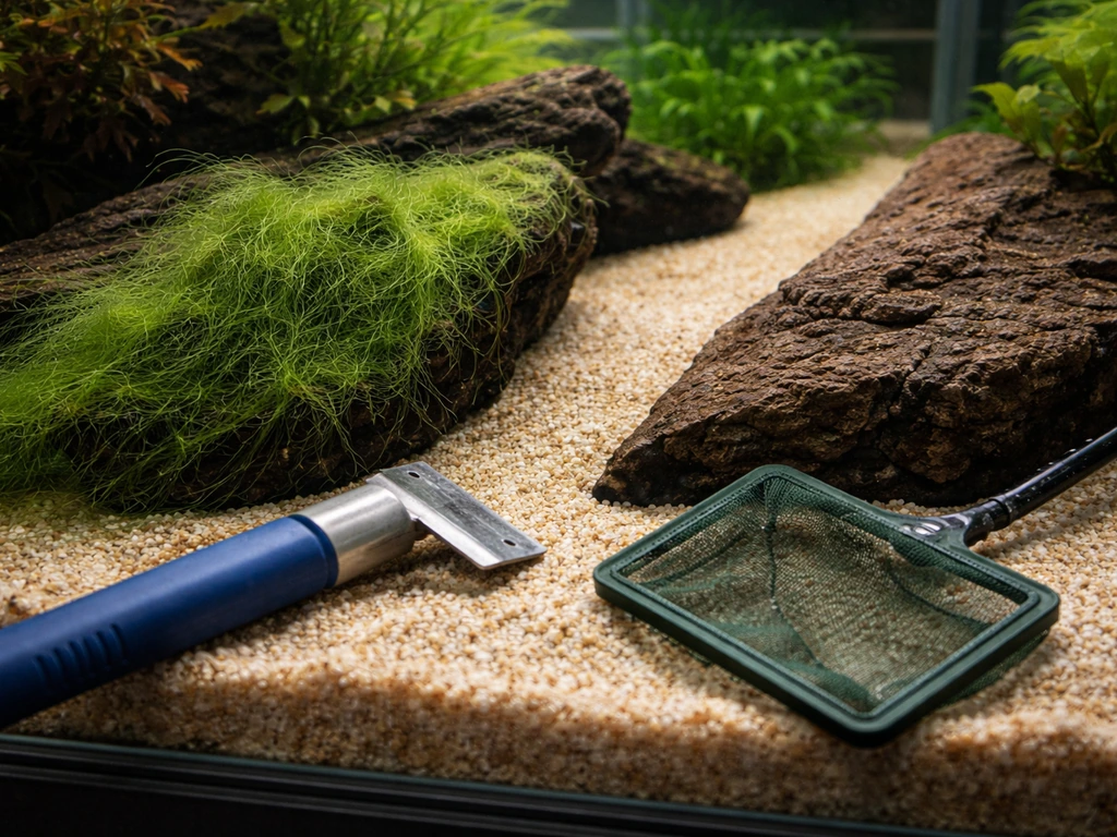 Hair algae on hardscape being scraped off in a planted aquarium, with a cleaned area nearby.