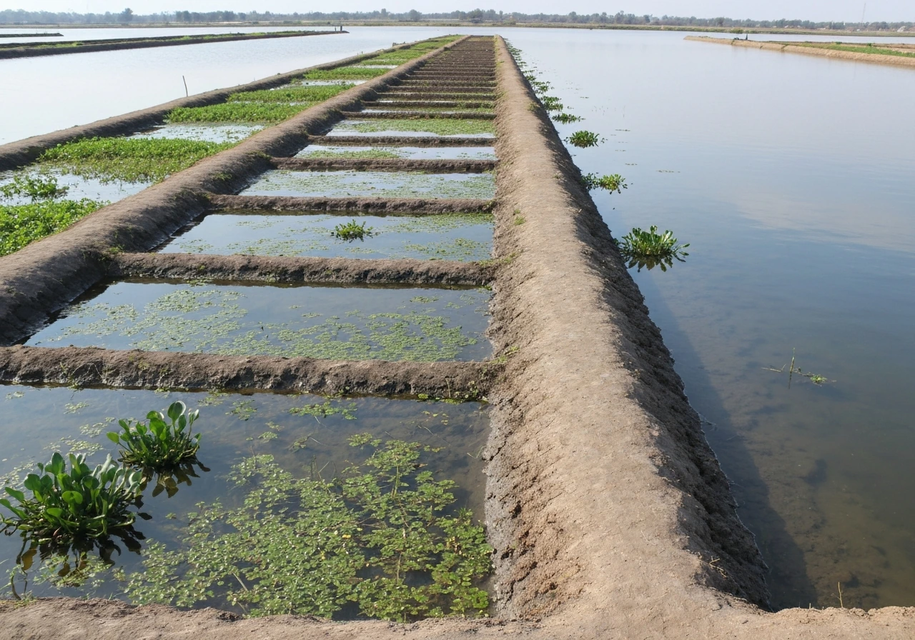 Side-on view of raised chinampa beds surrounded by canals and water with aquatic plants.