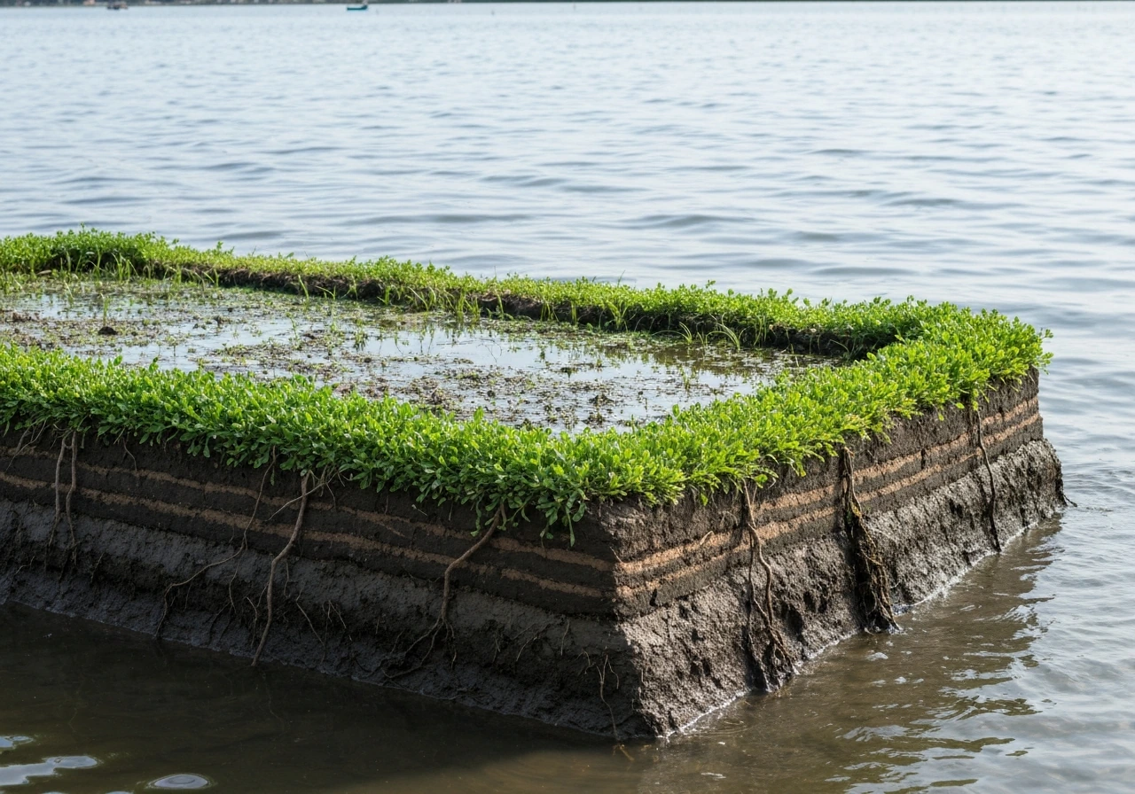 Fixed raised chinampa bed in a calm lake, showing layered mud and aquatic plants above the water.