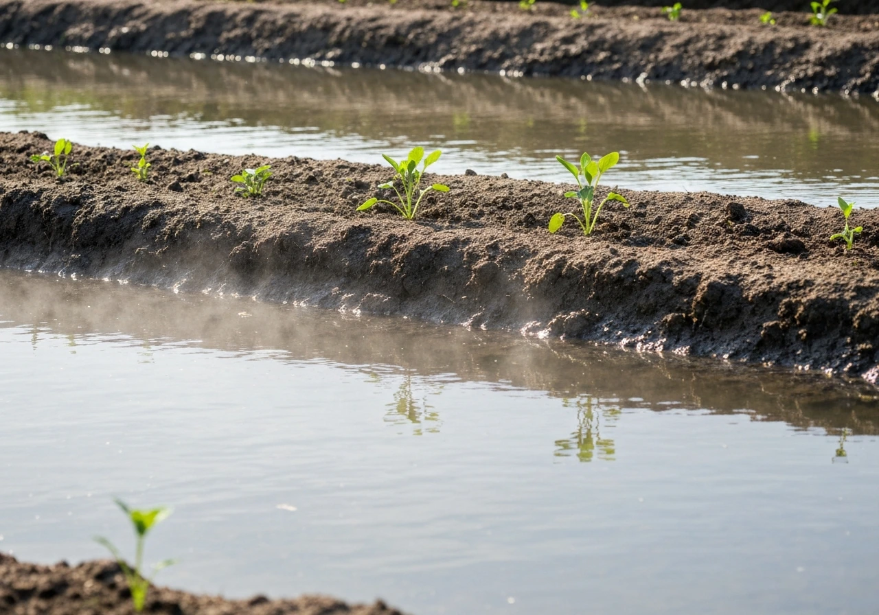 Shallow canal water surrounds a raised chinampa bed, with moisture rising into the plant root zone.