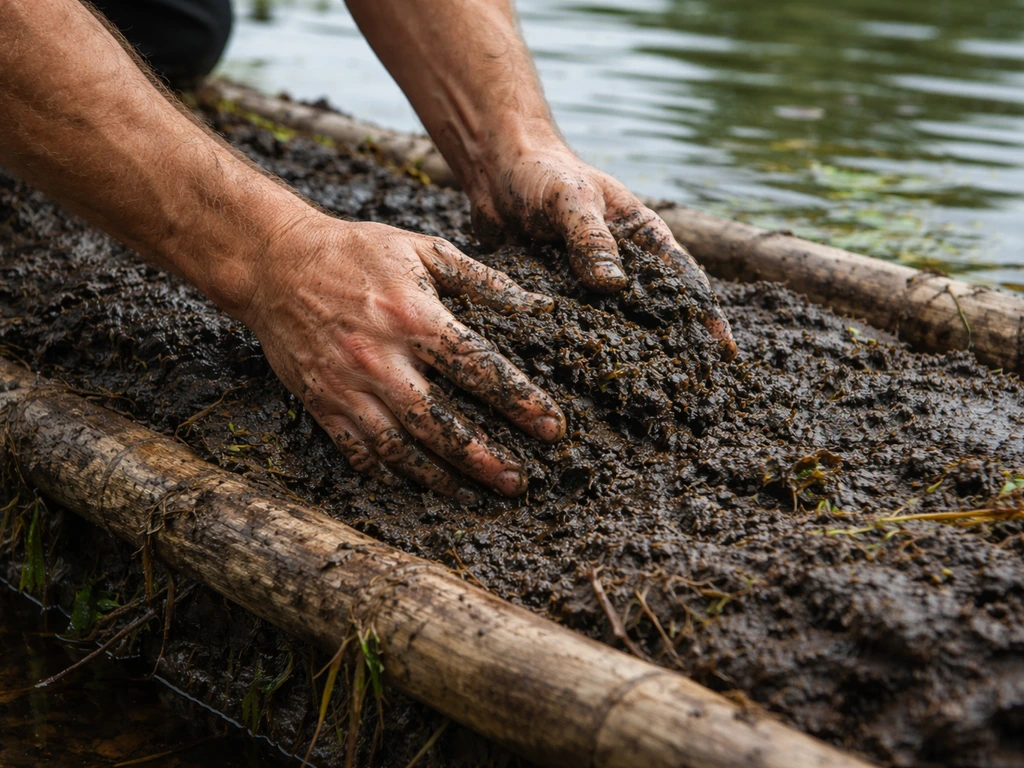 Hands mixing dark nutrient-rich lake sediment into a raised garden bed layer
