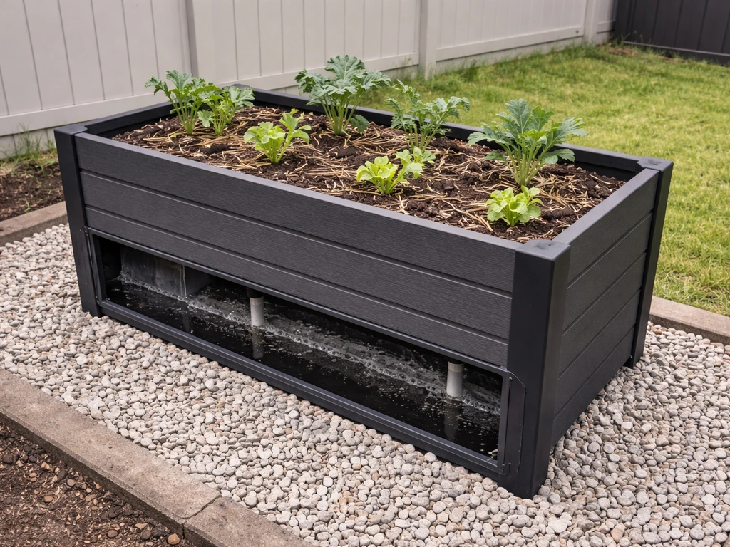 Modern wicking raised bed with visible water reservoir beneath soil and a few green seedlings.