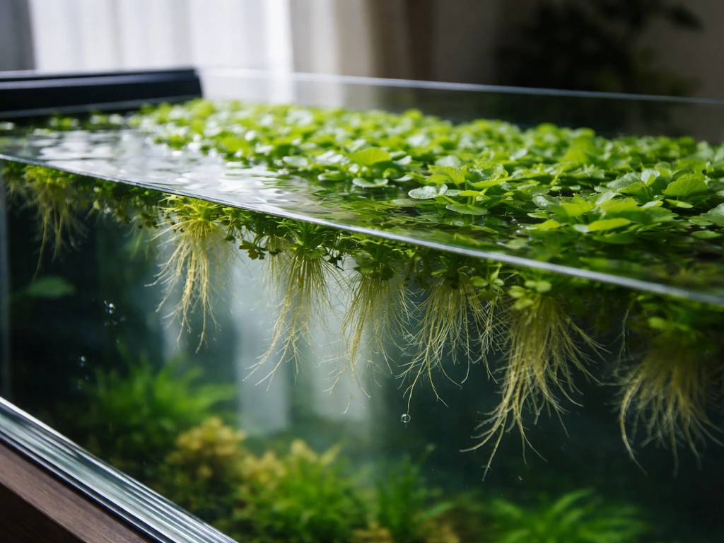 Thriving aquarium surface covered with floating plants, roots hanging down, clear waterline, no algae.
