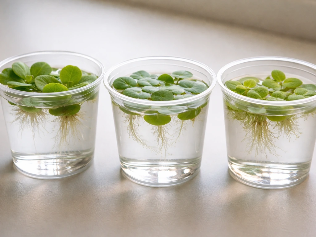 Beginner-friendly floating aquarium plants in small clear cups, including water lettuce and frogbit.