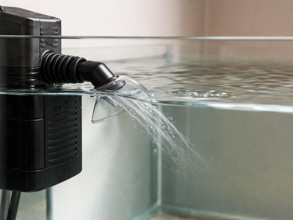 Aquarium filter return with a small plastic deflector redirecting flow to reduce surface ripples