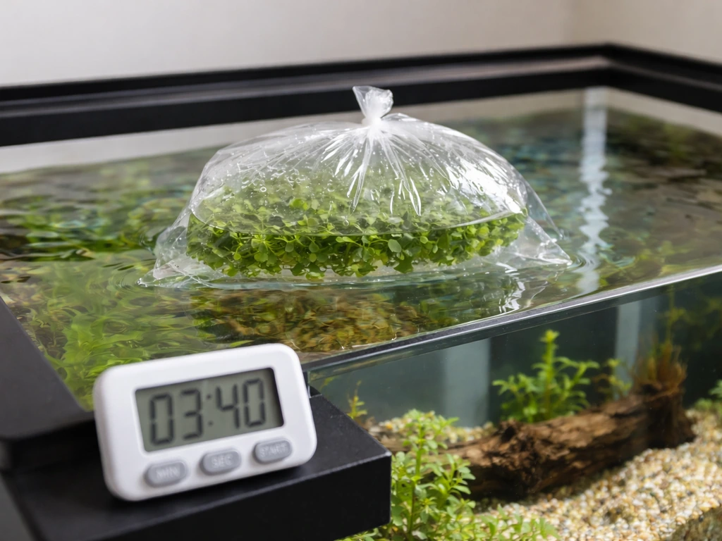 Sealed plant bag floating in an aquarium during acclimation, timer visible beside the tank