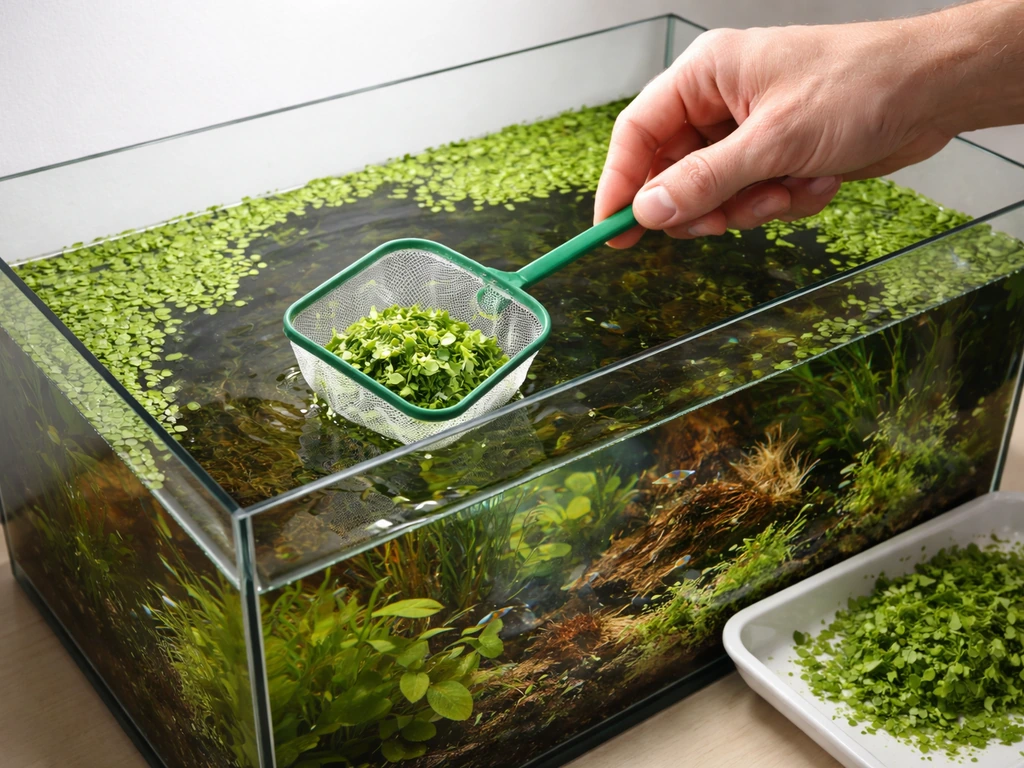 Hands using a small net to remove excess floating plants from a small aquarium, clumps removed outside