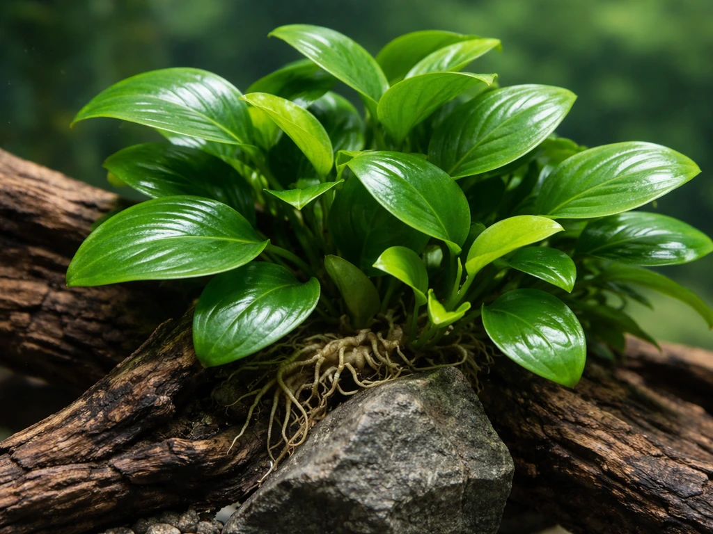Close-up of healthy Anubias nana with fresh new leaves attached to driftwood in an aquarium.