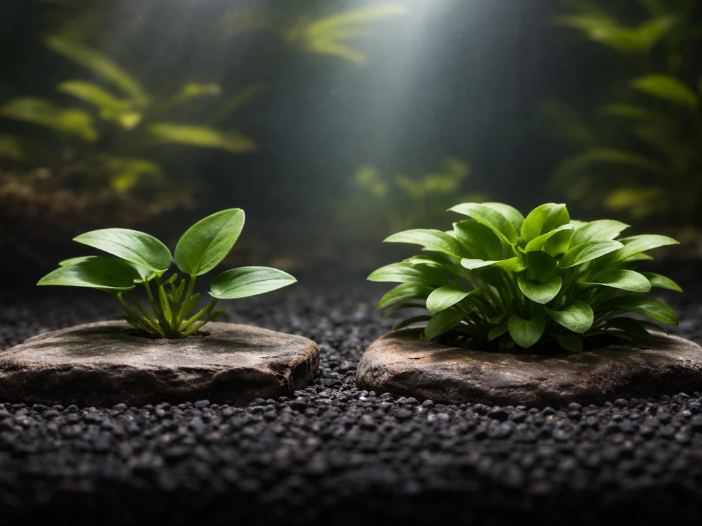 Two small Anubias plants on rocks in a tank, showing different growth over time side-by-side.