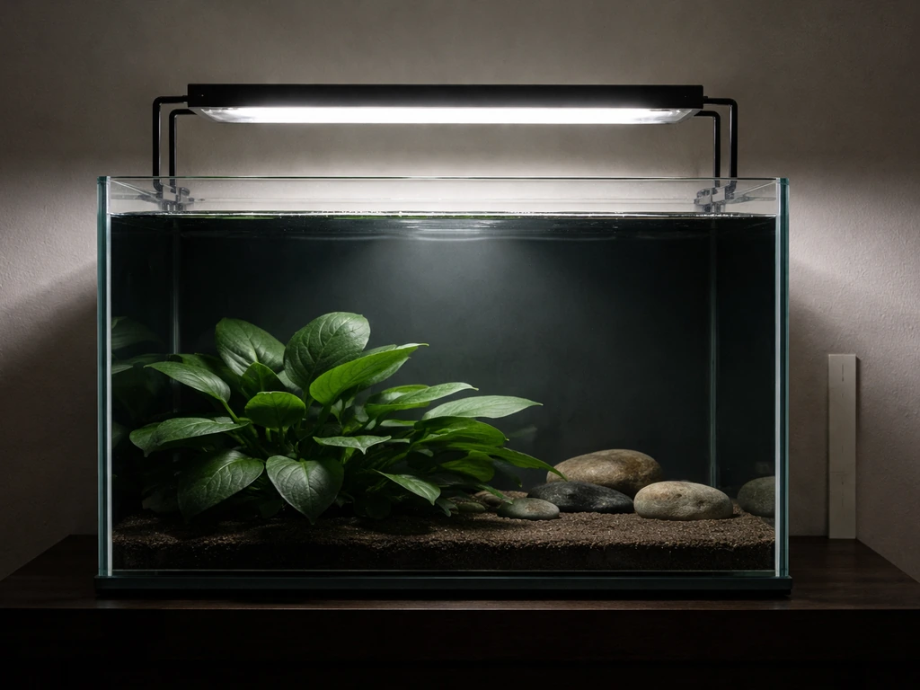 Aquarium light fixture above Anubias with a subtle side placement marker for correct intensity.
