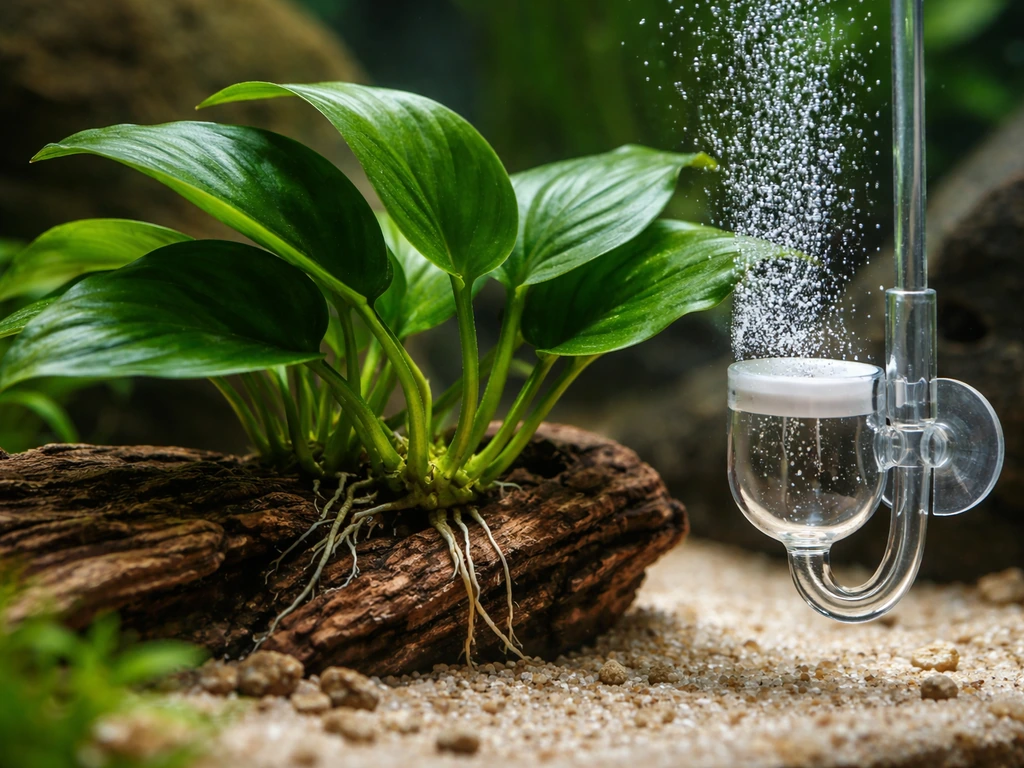Close-up of an Anubias aquarium tank with visible CO2 diffuser bubbles and gentle water flow near the plant base.