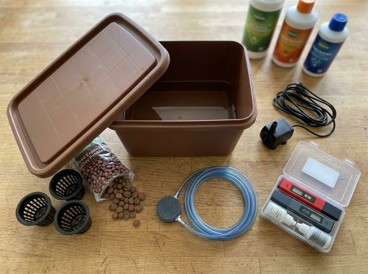 Hydroponic methi DWC supplies: opaque reservoir, net pots, clay pebbles, pump, and test kit