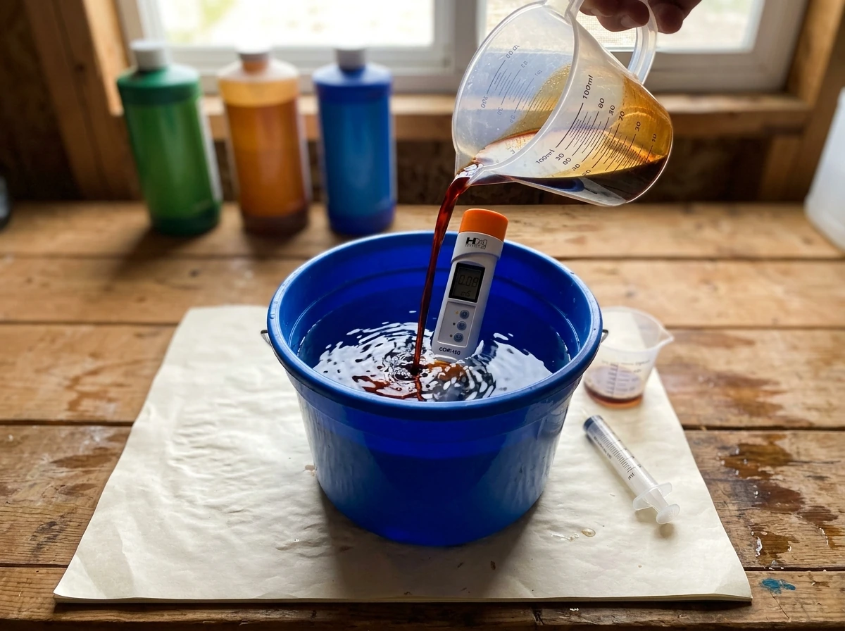 Mixing methi nutrient concentrates into plain water with EC meter probe