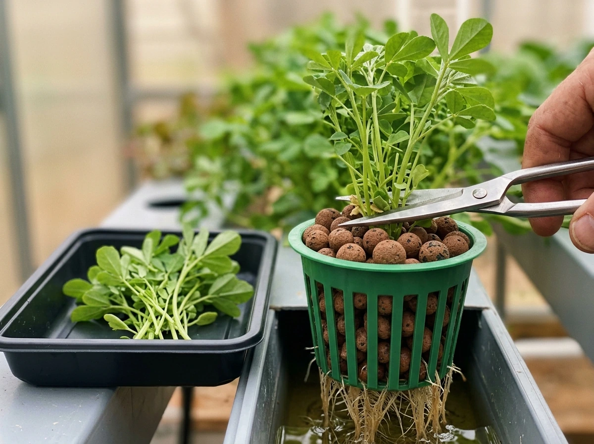 Cut-and-come-again harvest with scissors trimming methi stems above media